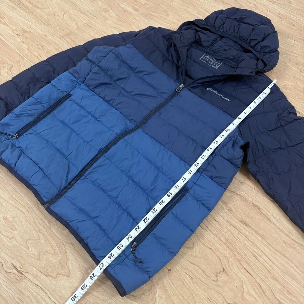 Eddie Bauer EB650 Mens Medium Blue Colorblock full-zip Hooded Down Puffer Jacket